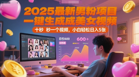 2025最新男粉项目，一键生成美女视频，日引600+色粉 十秒一个视频，小白轻松日入5张【揭秘】-腾渊网创