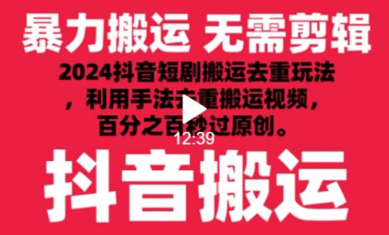 2024最新抖音搬运技术，抖音短剧视频去重，手法搬运，利用工具去重，达到秒过原创的效果【揭秘】-腾渊网创