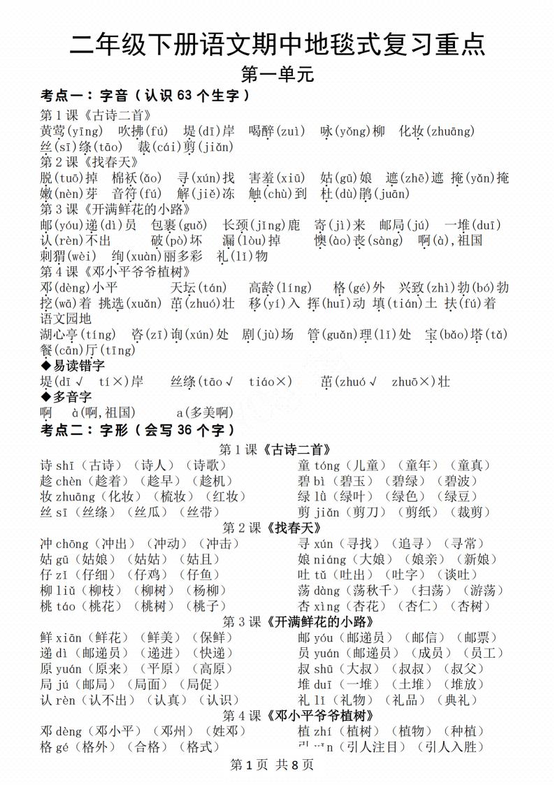 二年级下册语文期中地毯式复习重点8页-腾渊论坛
