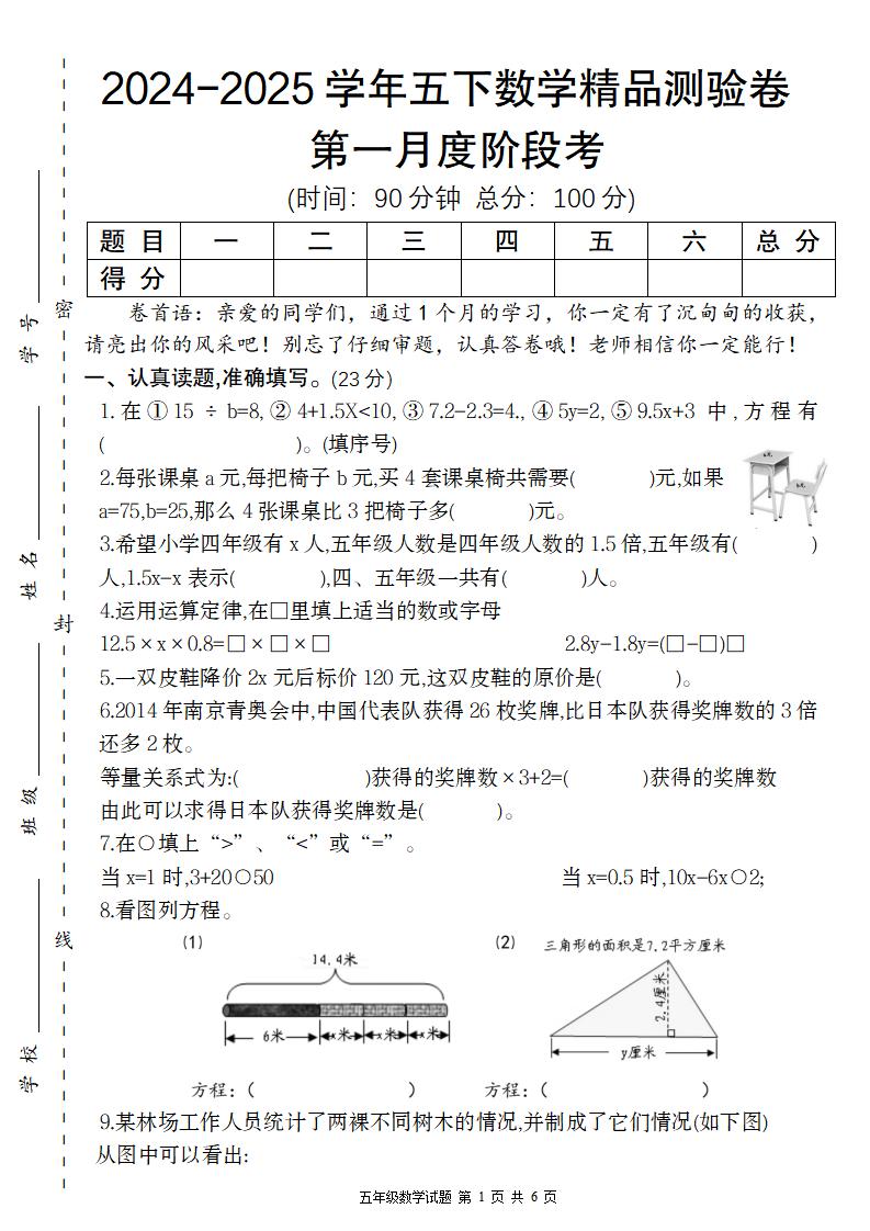 【苏教版】2024-2025学年五下数学第一月度阶段考精品测验卷-腾渊论坛