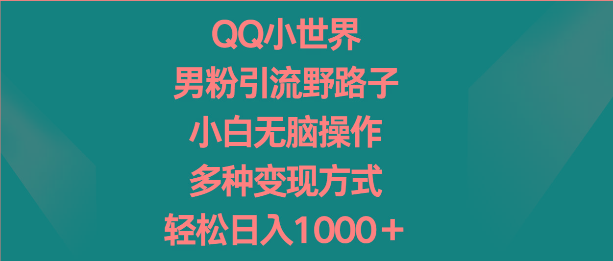 QQ小世界男粉引流野路子，小白无脑操作，多种变现方式轻松日入1000＋-腾渊网创