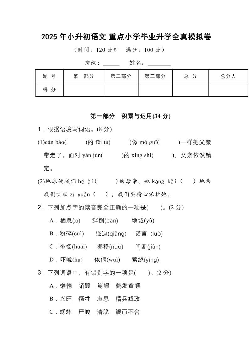 2025年小升初语文重点小学毕业升学全真模拟卷（一）13页-腾渊网创