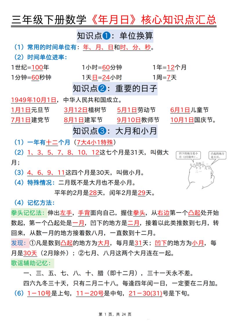三下数学《年月日》核心知识点汇总+计算技巧+六大考点必刷题（练习+答案24页）-腾渊网创