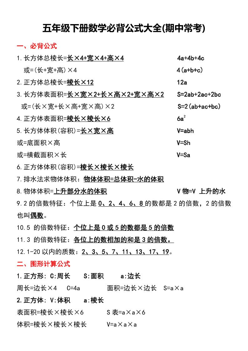 五年级下册数学必背公式大全(期中常考)-腾渊论坛