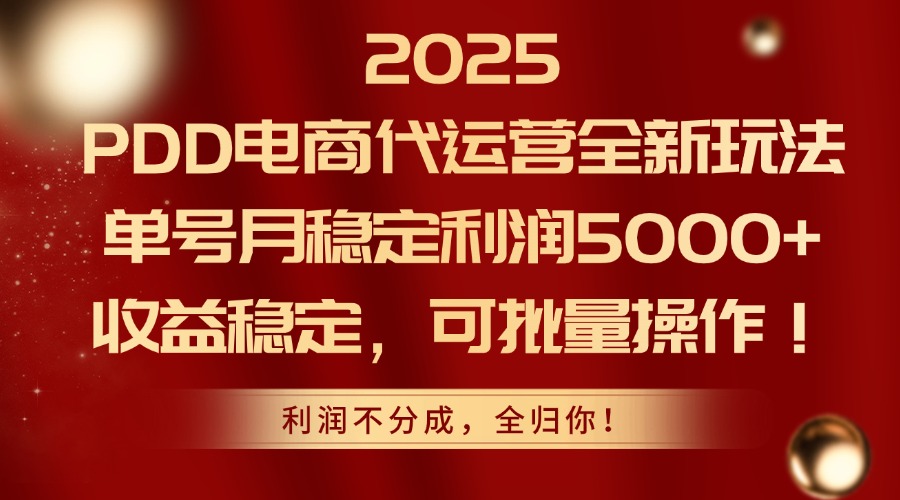 2025PDD电商代运营全新玩法，单号月稳定利润5000+，收益稳定，可批量操作-腾渊网创