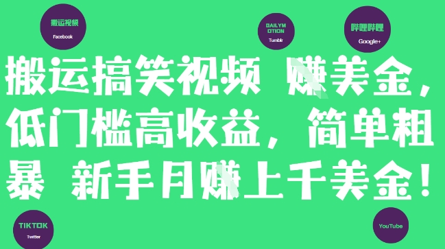 搬运搞笑视频挣美金，低门槛高收益，简单粗暴新手月入上千美刀-腾渊网创