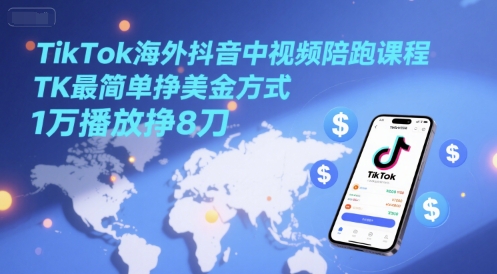 TikTok海外抖音中视频陪跑课程，TK最简单挣美金方式，1万播放挣8刀-腾渊网创