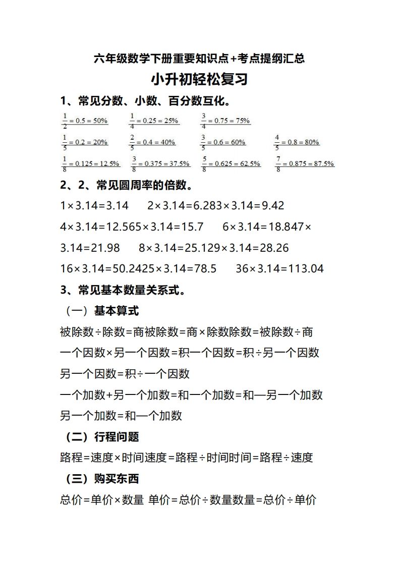 六下数学重要知识点+考点提纲汇总(1)-腾渊网创
