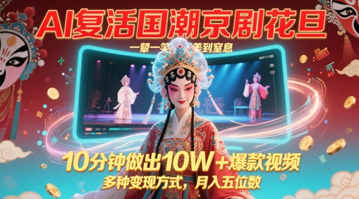 AI复活国潮京剧花旦，一颦一笑美到窒息，10分钟做出10W+爆款视频，多种变现方式，月入五位数-腾渊网创