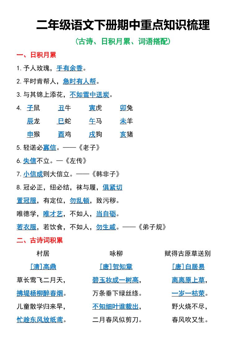 二年级语文下册期中重点知识梳理6页-腾渊网创