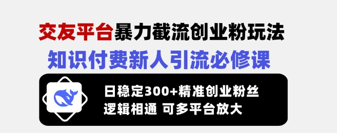 交友平台暴力截流创业粉玩法，知识付费新人引流必修课，日稳定300+精准创业粉丝，逻辑相通可多平台放大-腾渊网创