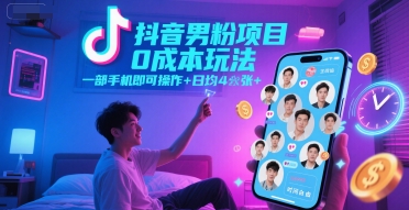 抖音男粉项目0成本玩法，一部手机即可操作，日均4张+，时间自由-腾渊网创