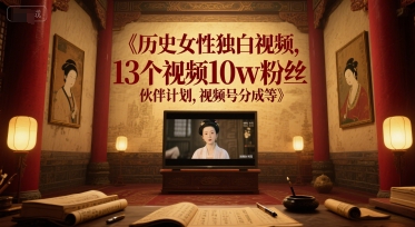 历史女性独白视频，13个视频10w粉丝，伙伴计划，视频号分成等-腾渊网创