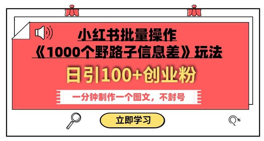 小红书批量操作《1000个野路子信息差》玩法，一分钟制作一个图文，不封号，日引100+创业粉-腾渊网创