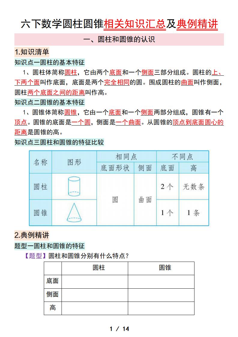 六下数学圆柱圆锥相关知识汇总及典例精讲-腾渊网创