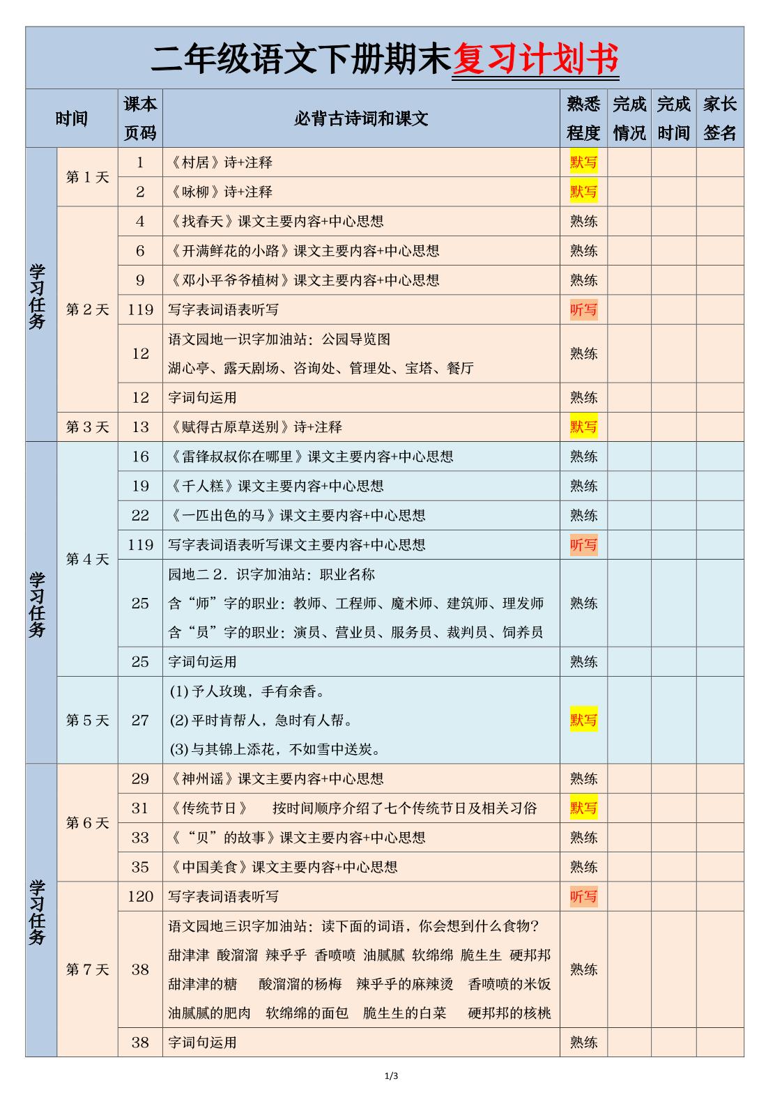 二下语文【期末三轮复习法闯关表】（3页）-腾渊网创