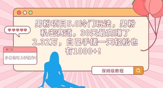 男粉项目5.0冷门玩法，男粉私密赛道，30天最高赚了2.32万，自己手搓一天轻松也有1000+【揭秘】-腾渊网创