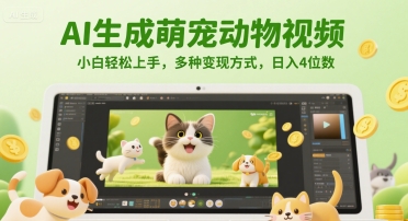 AI生成萌宠动物视频，小白轻松上手，多种变现方式，日入4位数-腾渊网创