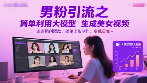 男粉引流之简单利用大模型生成美女视频，条条原创爆款，简单上传制作，变现日1k+-腾渊网创
