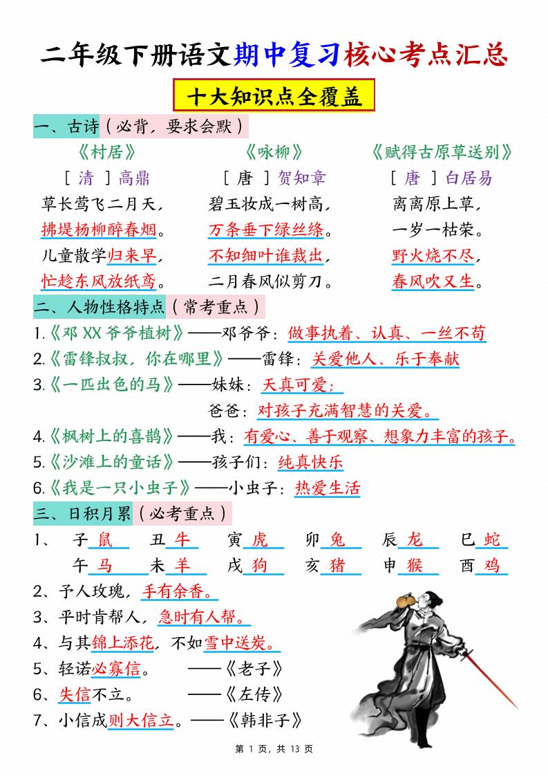 二下语文期中复习核心考点汇总（10大知识点）13页-腾渊论坛