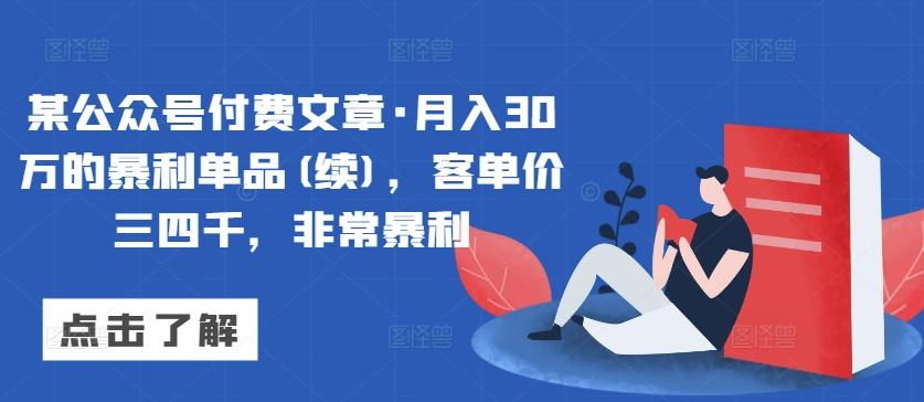某公众号付费文章·月入30万的暴利单品(续)，客单价三四千，非常暴利-腾渊网创