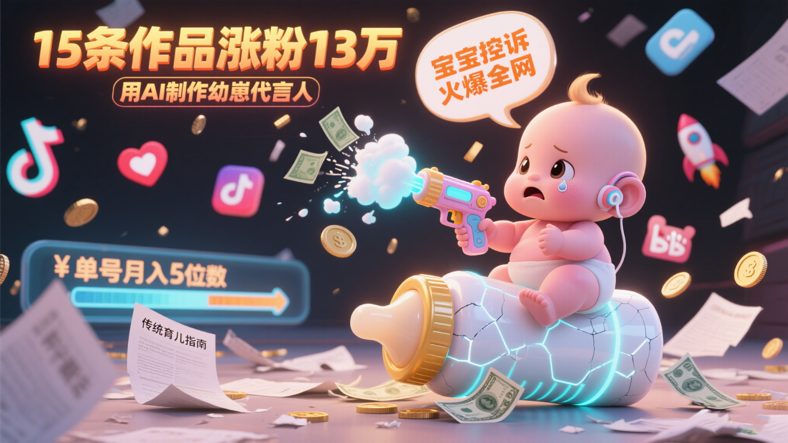 用AI制作幼崽代言人，宝宝的控诉火爆全网，15条作品涨粉13万，单号月入5位数实操教程-腾渊网创
