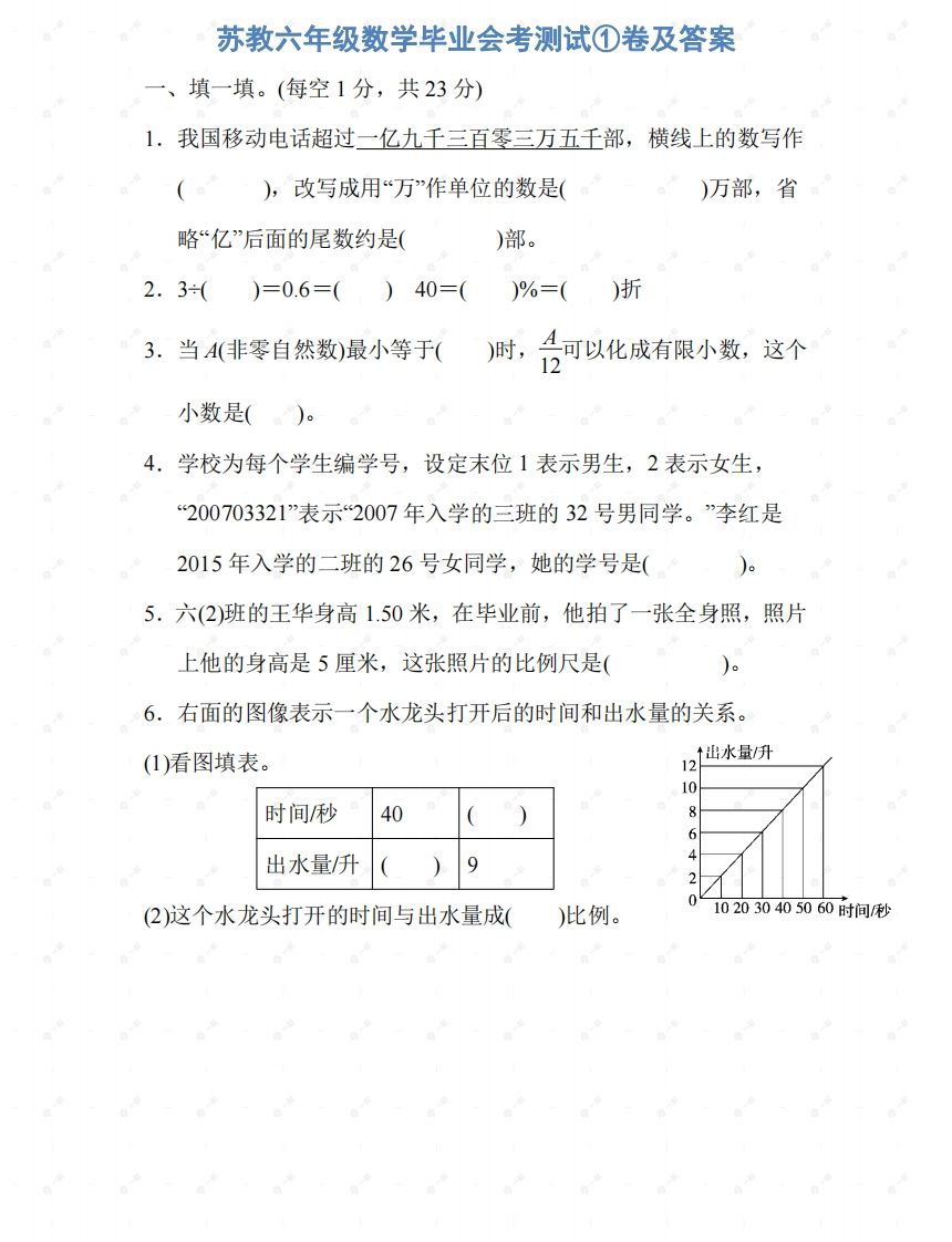 苏教六年级数学下册期末测试①卷及答案-腾渊网创