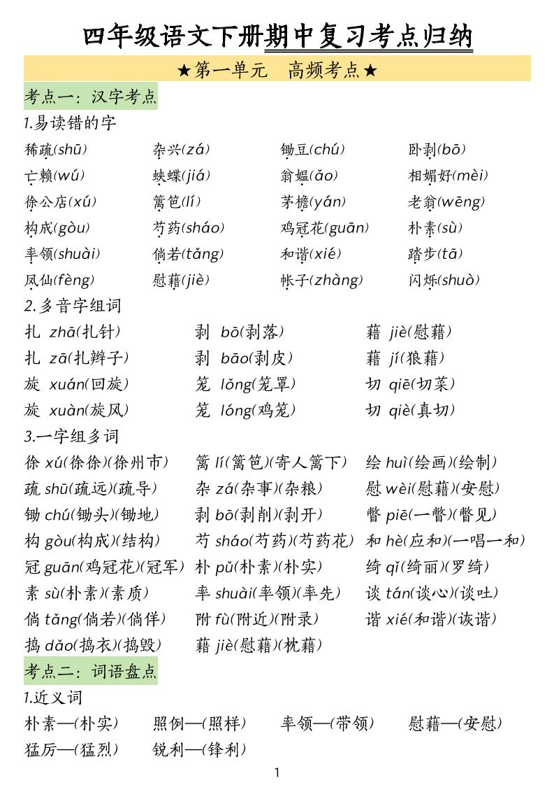 四下语文期中常考知识点汇总(4)-腾渊网创