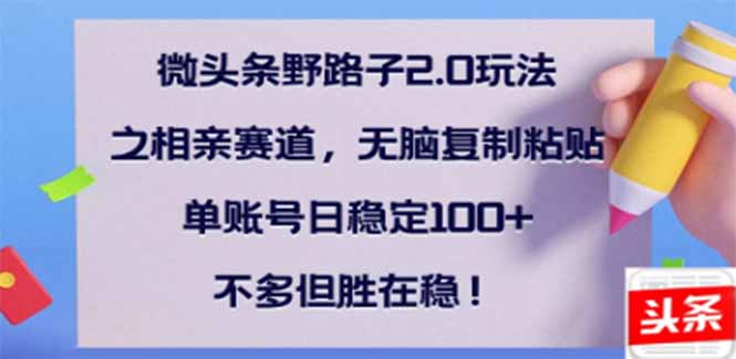微头条野路子2.0玩法之相亲赛道，无脑搬砖复制粘贴，单账号日稳定300+...-腾渊网创
