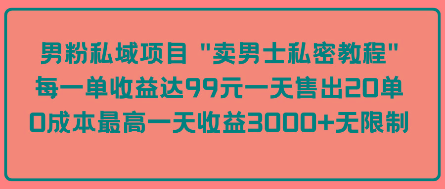 (9730期)男粉私域项目 "卖男士私密教程" 每一单收益达99元一天售出20单-腾渊网创