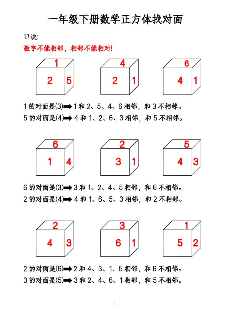 一年级下册数学正方体找对面-腾渊论坛