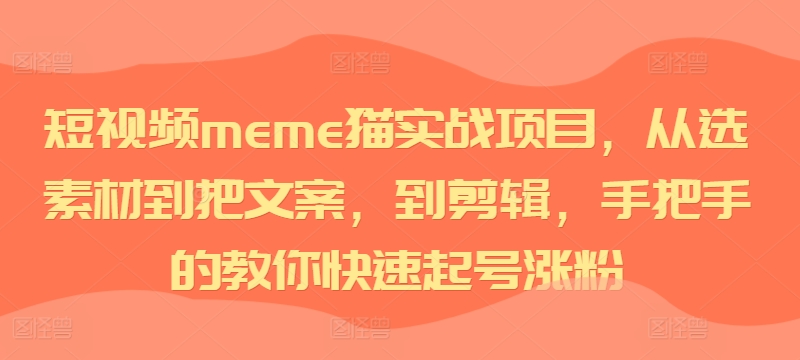 短视频meme猫实战项目，从选素材到把文案，到剪辑，手把手的教你快速起号涨粉-腾渊网创