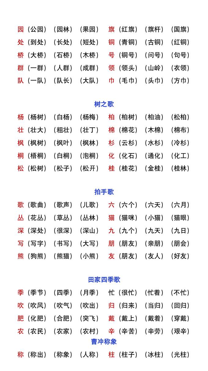 二年级上册语文暑假预习重点《生字组词汇总》-腾渊网创