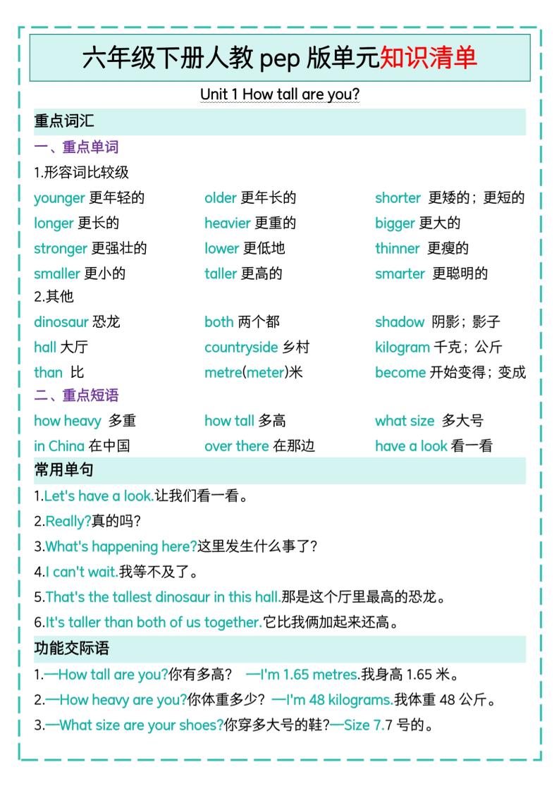 六下英语人教pep版单元知识清单-腾渊网创