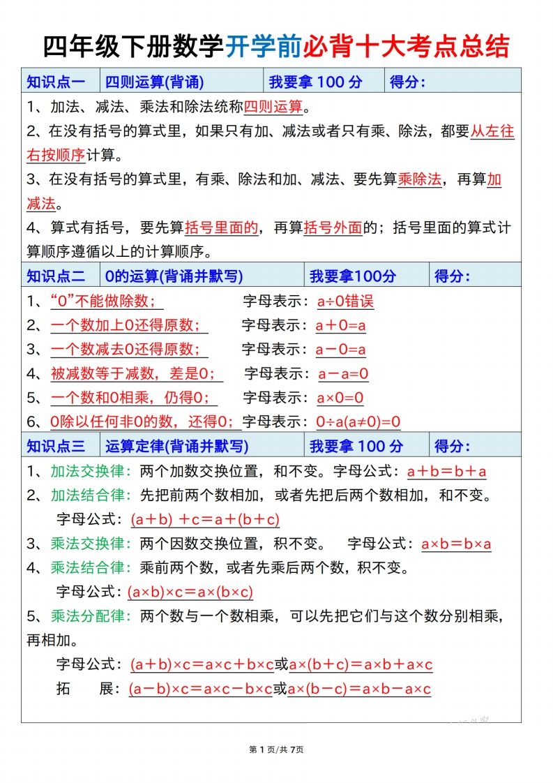 四下数学必背十大考点总结7页-腾渊网创