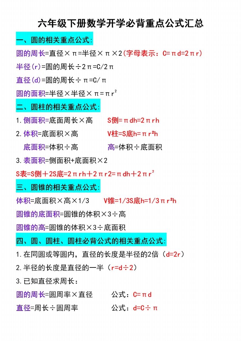 六下数学必背重点公式汇总-腾渊网创