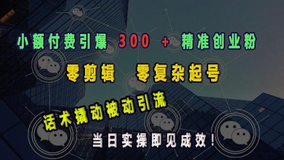 小额付费引爆 300 + 精准创业粉，零剪辑、零复杂起号，话术撬动被动引流，当日实操即见成效-腾渊网创