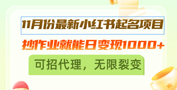 11月份最新小红书起名项目，抄作业就能日变现1000+，可招代理，无限裂变-腾渊网创