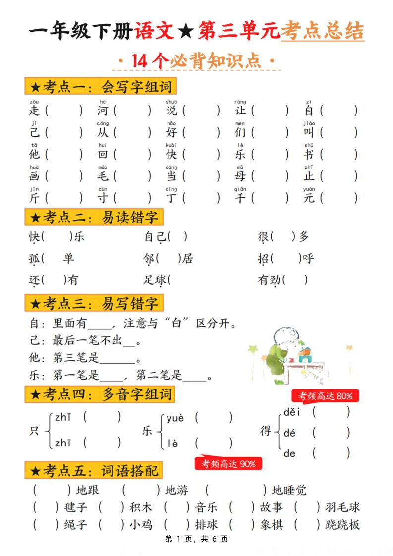 一下语文第三单元考点总结（含练习6页）-腾渊网创