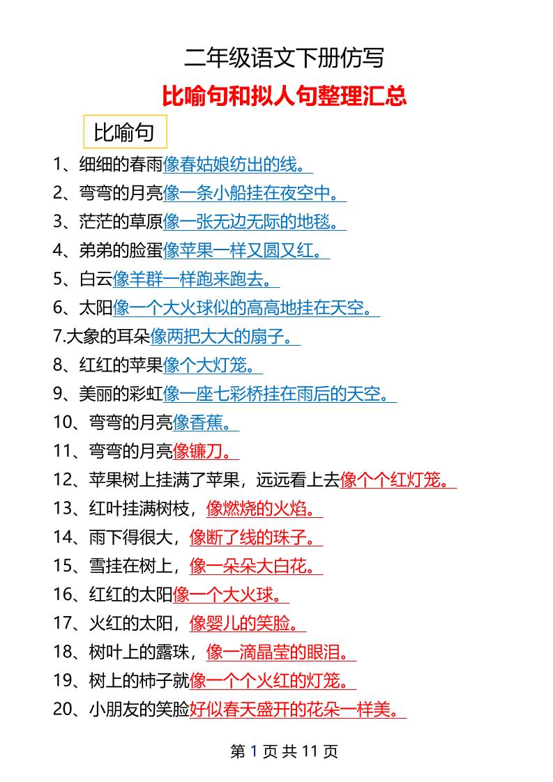二年级下册语文仿写拟人比喻句整理汇总12页-腾渊论坛