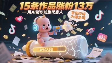 用AI制作幼崽代言人，宝宝的控诉火爆全网，15条作品涨粉13W，单号月入5位数实操教程-腾渊网创