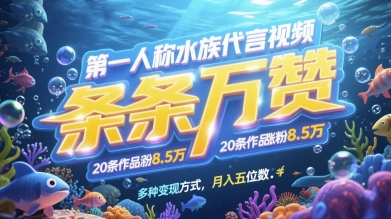 第一人称水族代言视频，条条万赞，20条作品涨粉7.8W，多种变现方式月入五位数-腾渊网创